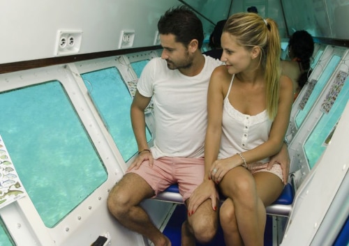 Amnet｜カンクン発オプショナルツアー｜水中散歩「SUBSEE」｜船内から海底の様子を観ているカップル
